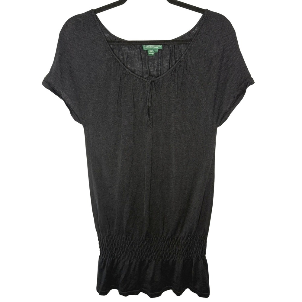 Lauren Ralph Lauren Knit Top Wn L Black Linen Smocked Peplum Tie Neck Cap Sleeve